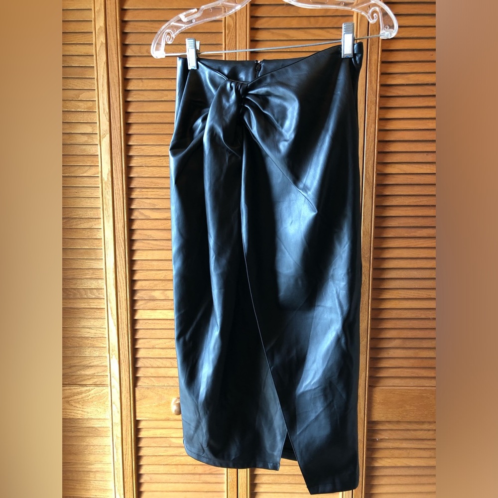 Black Faux Leather Tie-Waist Midi Skirt